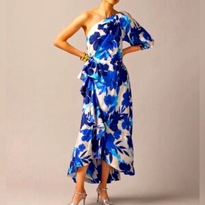 J.Crew Collection one-shoulder ruffle-hem dress blue painted floral print. Sz 00